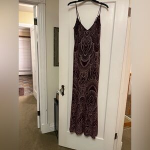 Burgundy Prom Dress with Glittery Gold Pattern